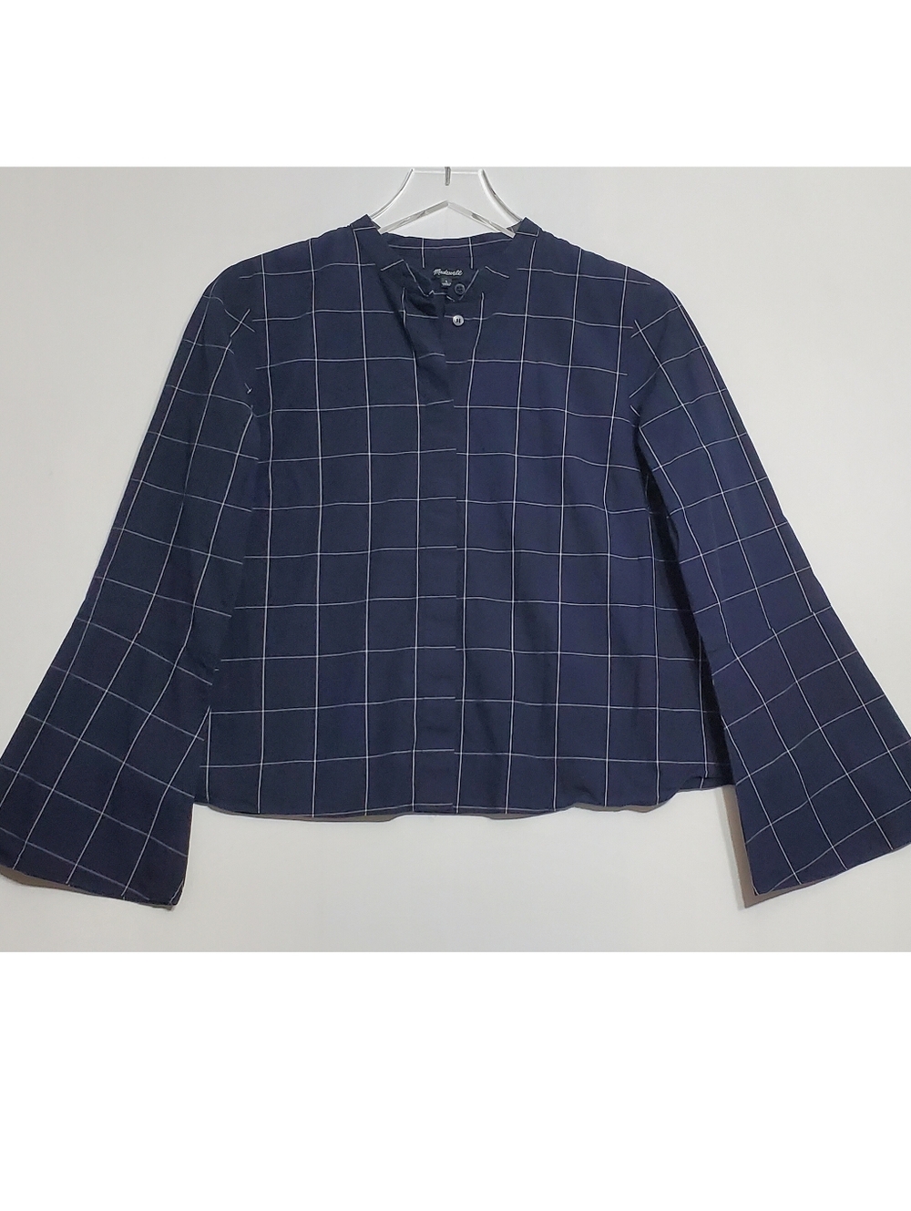 Madewell small button shirt top windowpane bell sleeve blue relaxed fit classic